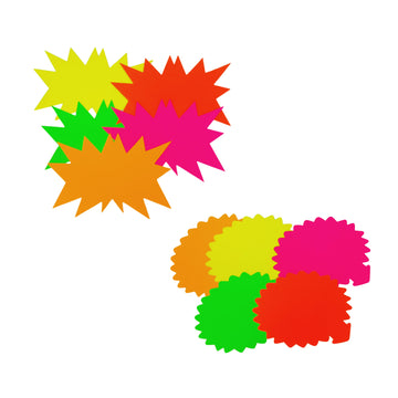 Cartellini segna prezzo, verde, fucsia e arancione fluo, rosso e giallo. Due diverse forme